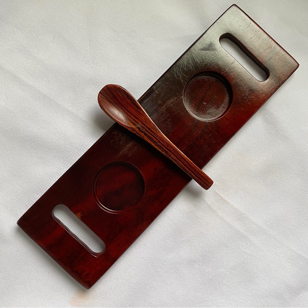 Vintage Wooden Double Bowl Set with Spoon - Rich Brown and Natural Wood Trim - Picture 5 of 12